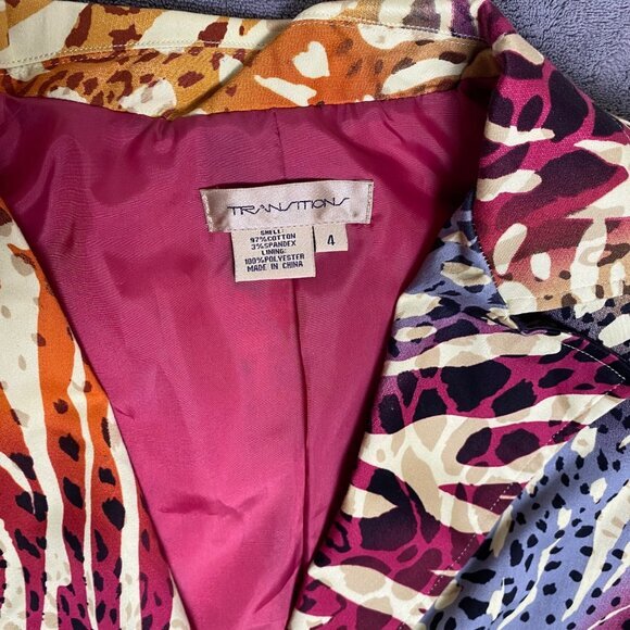 Transitions Womens Size 4 Animal Print Blazer Jacket‎ 3/4 Sleeve Polyester - Picture 3 of 8